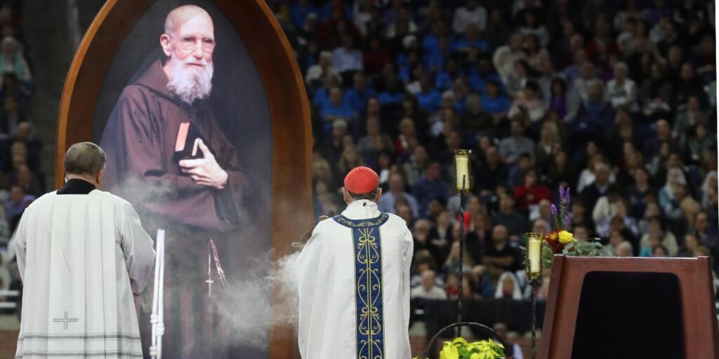His Eminence Cardinal Angelo Amato of the Congregation of the Causes of Saints incenses the icon of Blessed Solanus Casey near the altar during the Beatification Mass of Blessed Solanus held at Ford Field in Detroit on November 18, 2017.