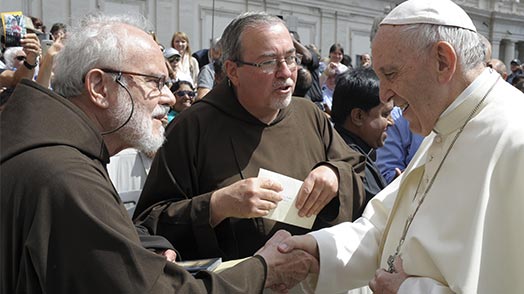 Br. Richard Merling and Fr. Larry Webber greeting Pope Francis in St. Peter's Square, Vatican City.