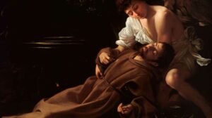 A detail of the oil painting by Caravaggio of St. Francis of Assisi in Ecstasy