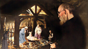 Colorized historic photo of Blessed Solanus Casey at a nativity scene in Detroit in 1944.