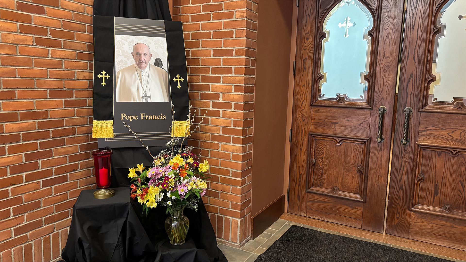 The Shrine to Pope Francis at the entrance to St. Bonaventure Chapel.